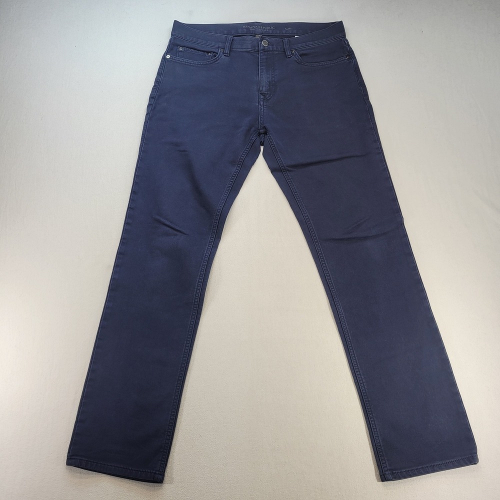 Banana Republic The Traveler Pants Men 33x32 Navy Blue Slim Fit Stretch Cotton